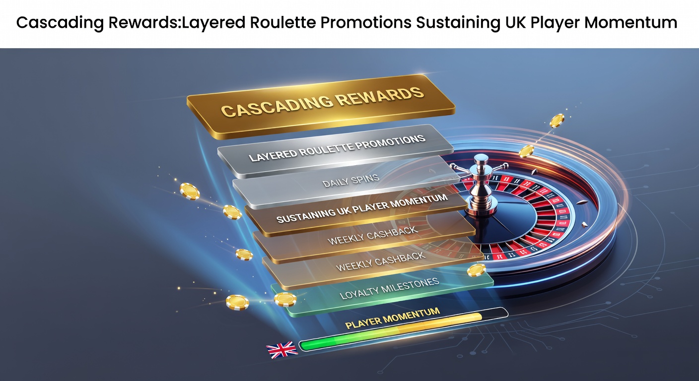 Vibrant roulette wheel with cascading layers of reward icons glowing in neon blues and golds, symbolizing multi-tiered promotions driving player engagement
