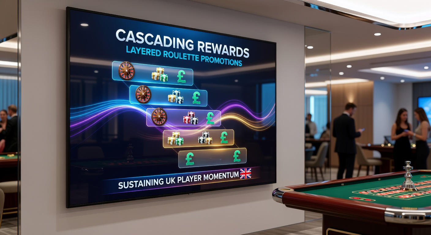 Dynamic infographic illustrating layered roulette reward cascades, from base spins to VIP cashback towers, with UK player stats overlaid in rising charts
