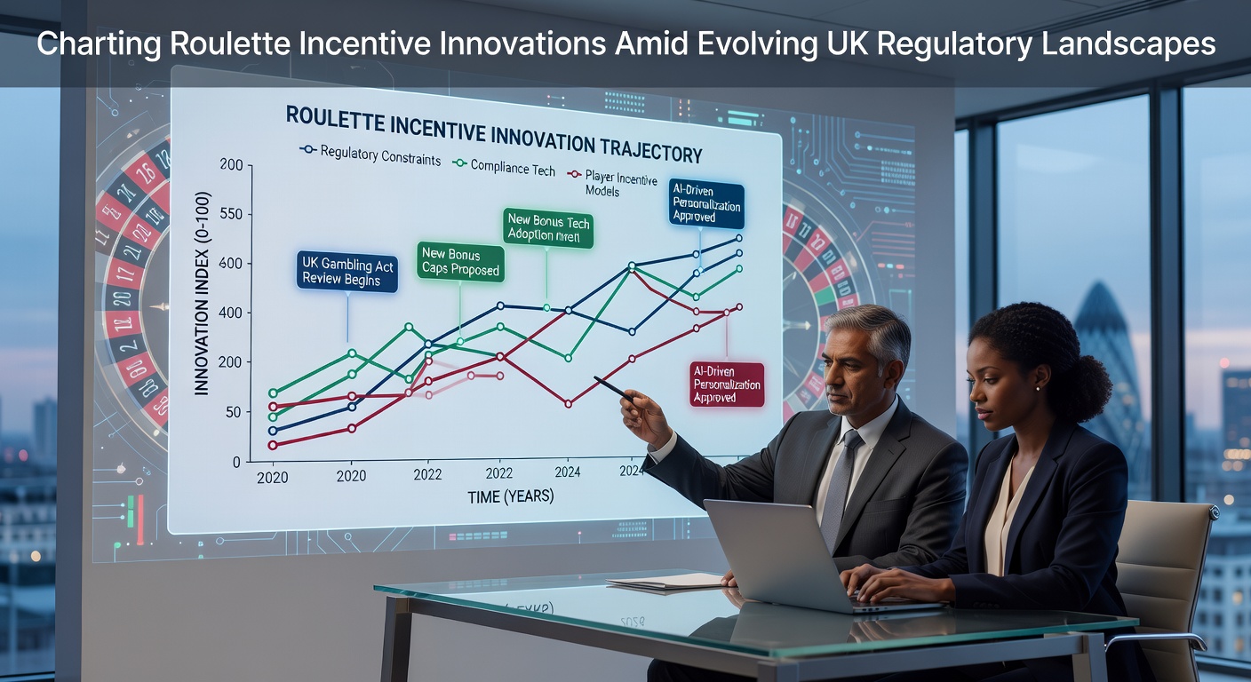Roulette wheel with regulatory documents and incentive charts overlaid on a digital interface