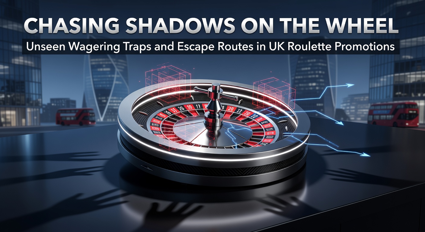 A dimly lit roulette wheel where shadows obscure fine print details of wagering requirements in casino promotions