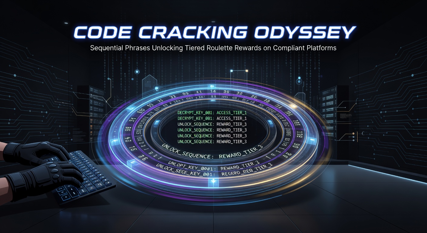 Digital puzzle pieces forming a roulette wheel with glowing code sequences unlocking treasure chests of rewards