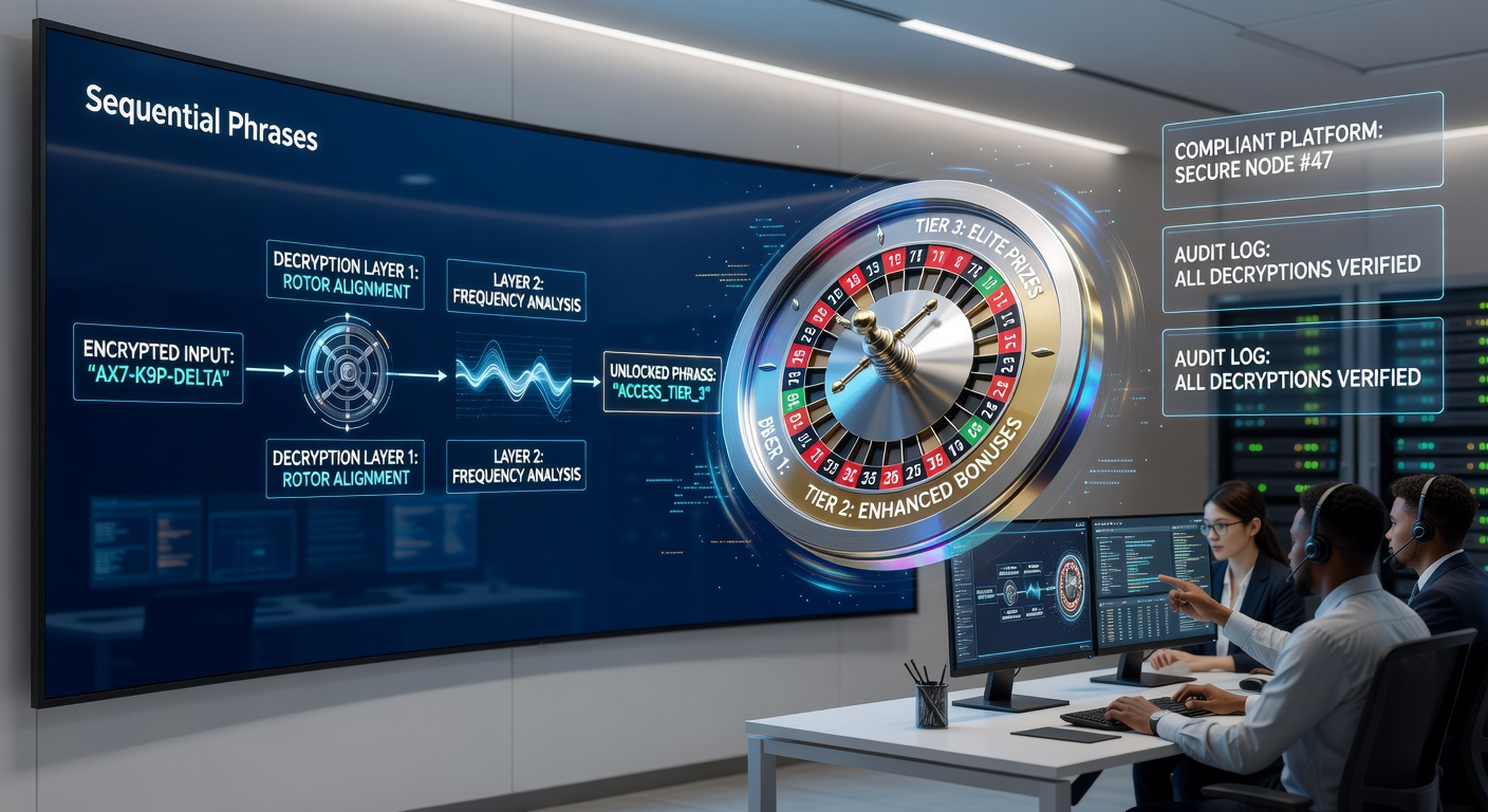 Animated sequence of code phrases cascading down a virtual roulette table, each unlocking glowing reward tiers amid spinning wheels