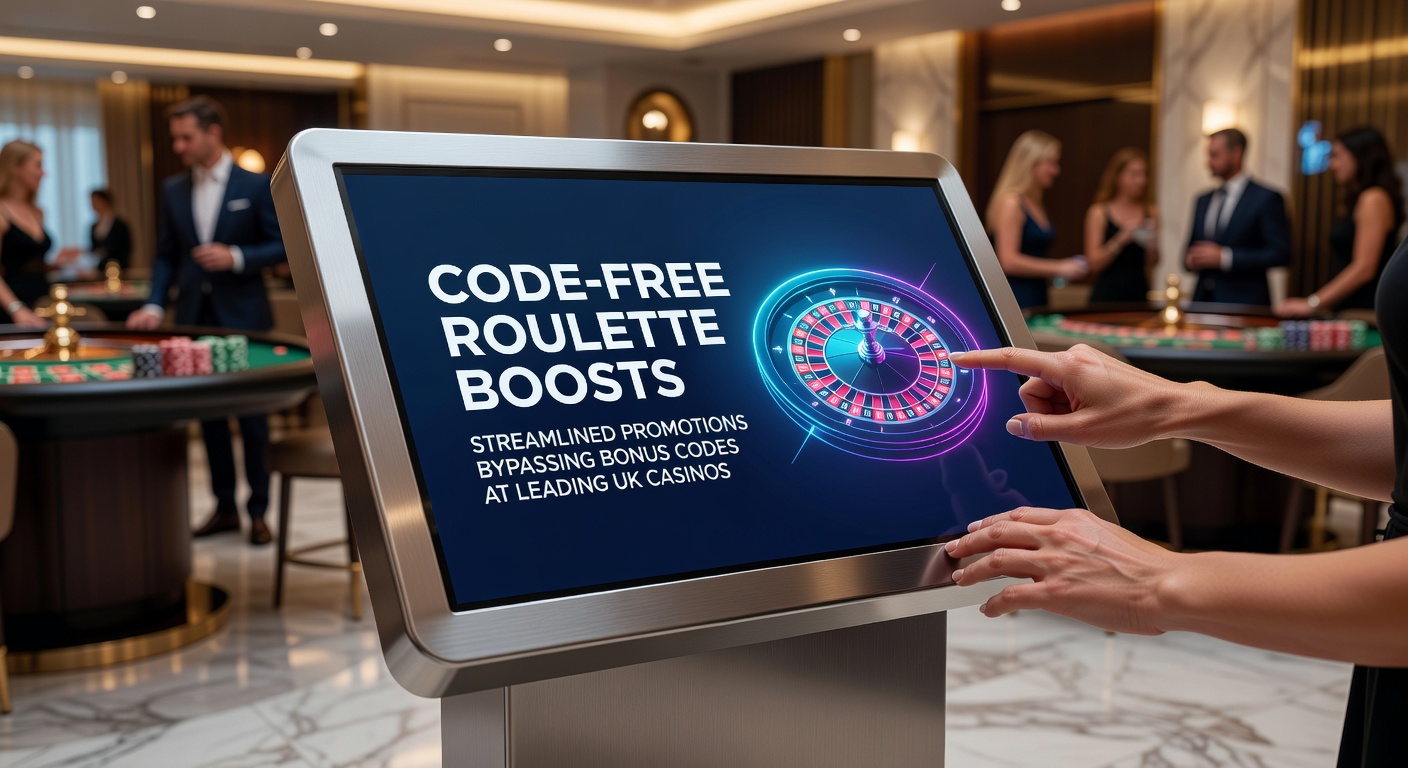 Vibrant roulette wheel spinning with digital overlays highlighting no-code promotion icons at a bustling UK online casino interface
