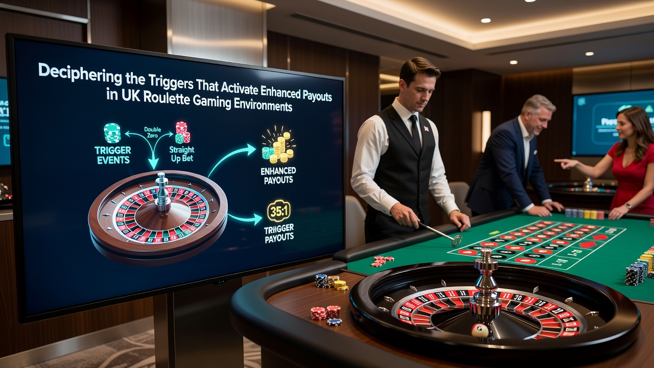 Roulette wheel in motion with digital overlays showing payout multipliers and bonus indicators in a UK casino setting