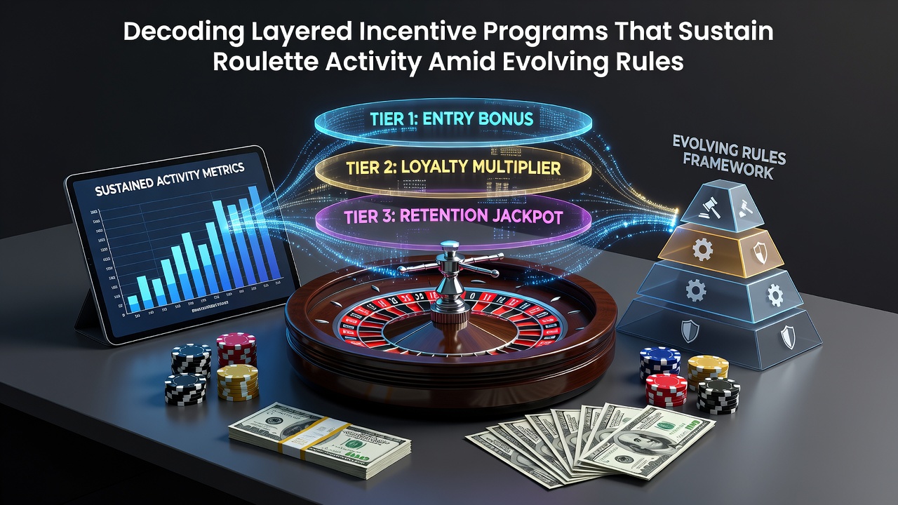 Roulette wheel with layered bonus icons and regulatory documents overlay