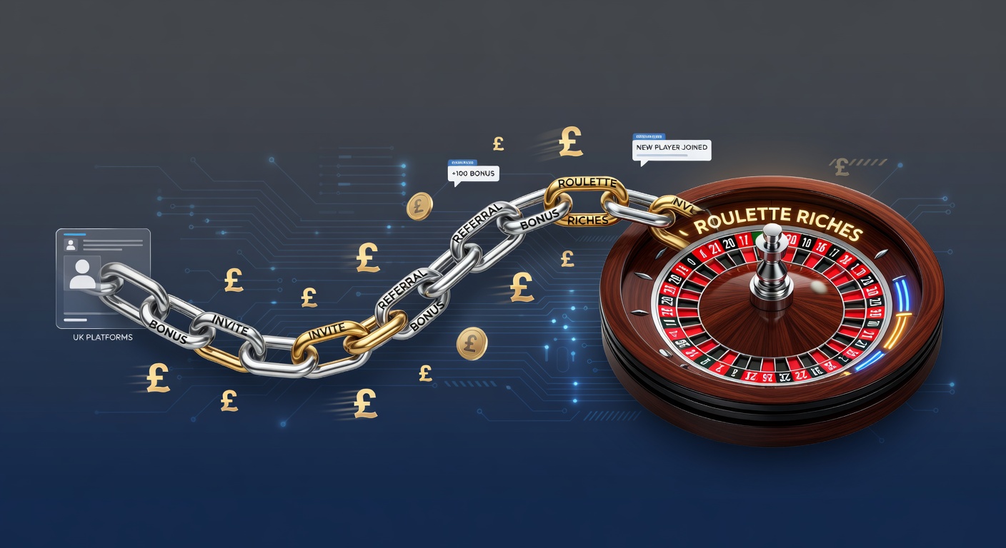 Illustration of interconnected players sharing referral links on a vibrant roulette table background, symbolizing invite chains building networks