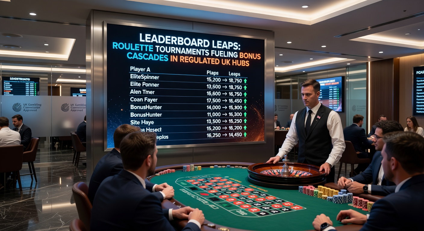 Dynamic roulette tournament leaderboard displaying top players climbing ranks amid spinning wheels and cascading bonus icons
