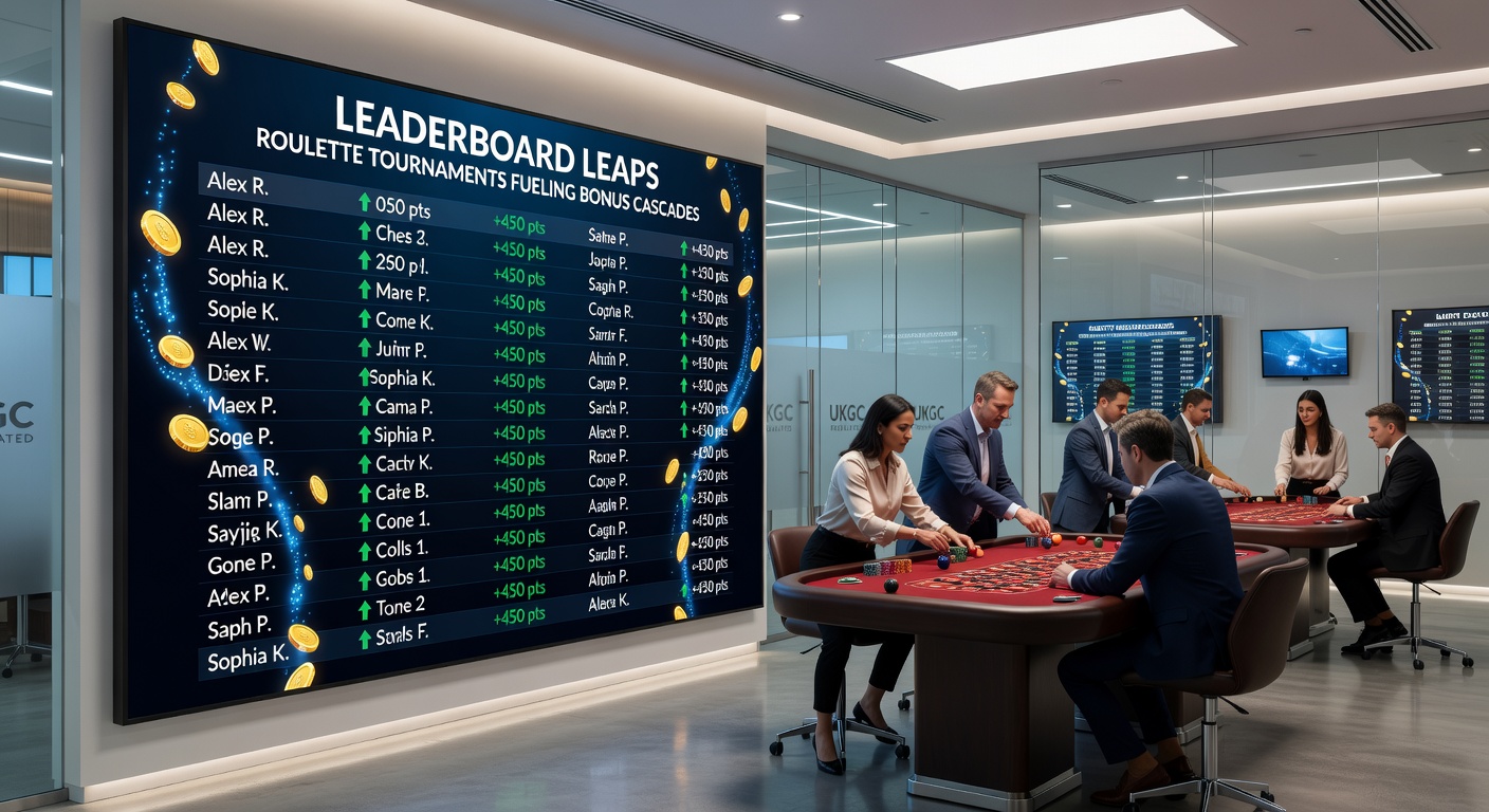 Players celebrating a leaderboard top spot with cascading bonus notifications overlaying a vibrant roulette table