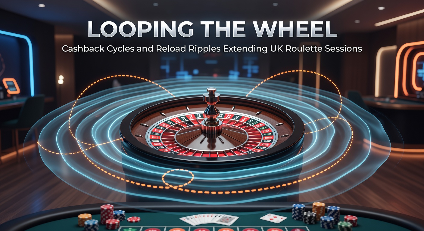 Roulette wheel spinning with glowing cashback icons overlayed, symbolizing extended play cycles in UK online casinos