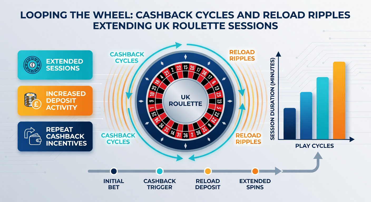 Dynamic graphic of interlocking cashback and reload bonus loops extending a roulette session timeline on a UK casino interface