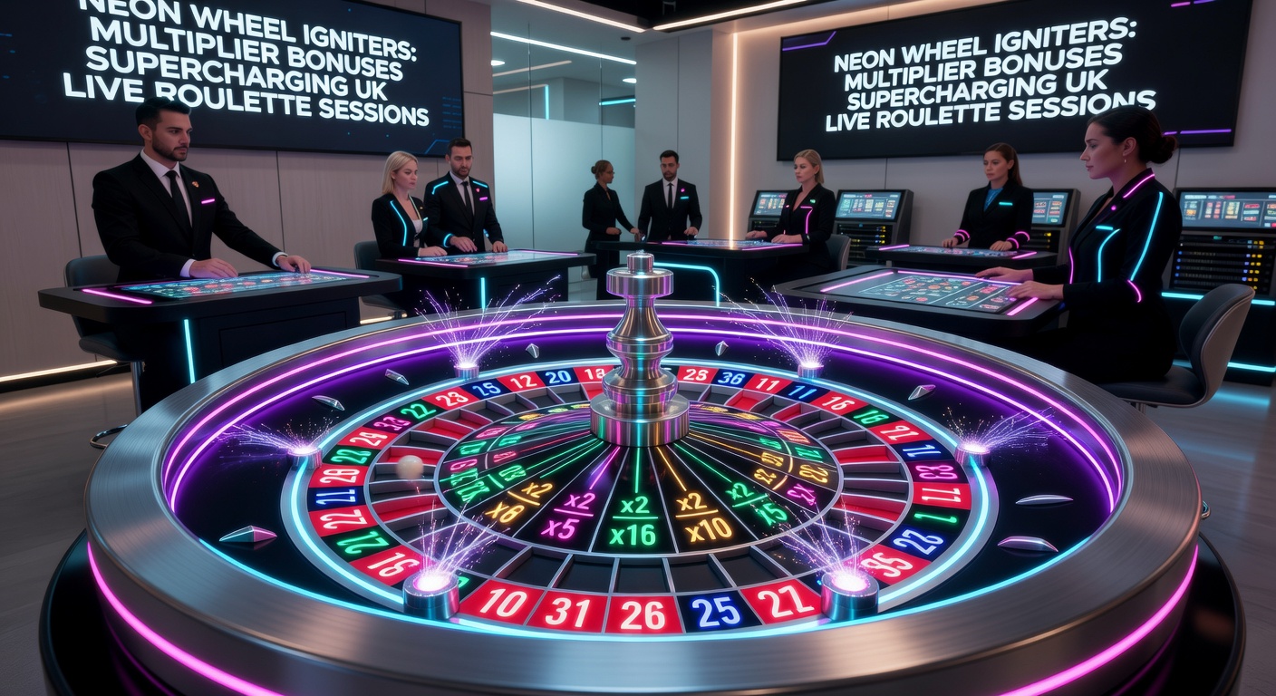 Vibrant neon-lit roulette wheel spinning under live dealer lights, highlighting multiplier bonus activations that boost payouts dramatically