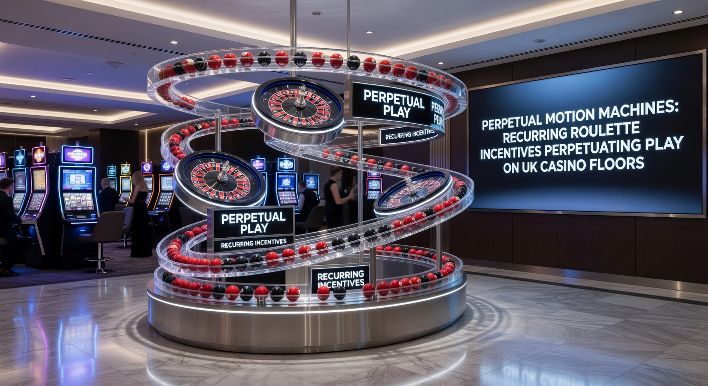Vibrant roulette table on a bustling UK casino floor with players engaged in perpetual spins amid promotional displays