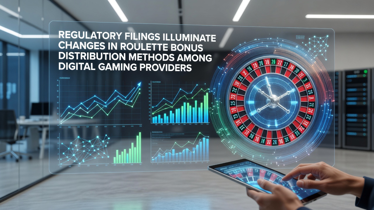 Digital gaming regulatory documents displayed alongside roulette wheel graphics showing bonus allocation shifts