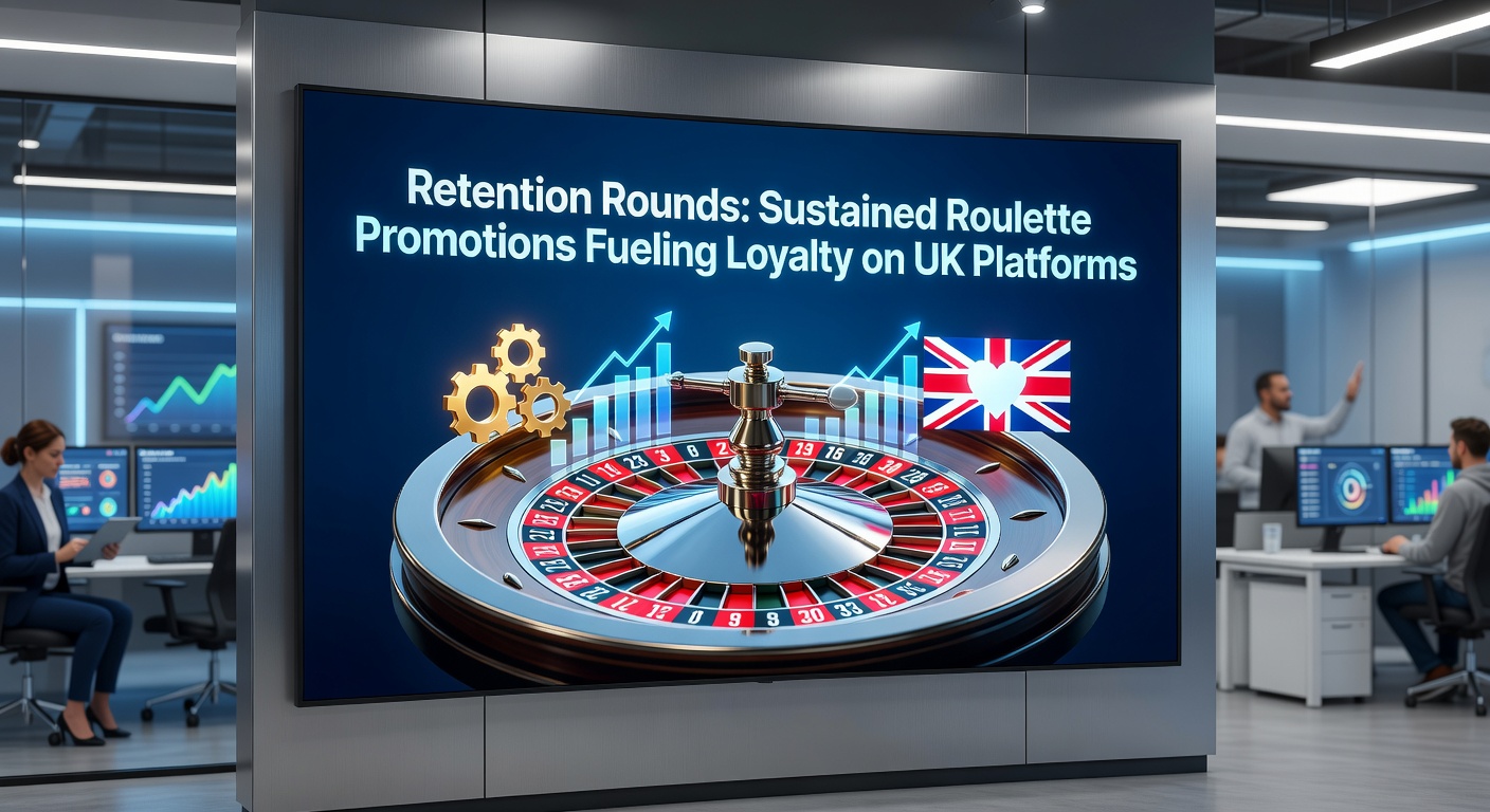 Vibrant roulette wheel spinning under spotlights, surrounded by digital loyalty badges and promotional icons representing sustained player engagement on UK casino platforms
