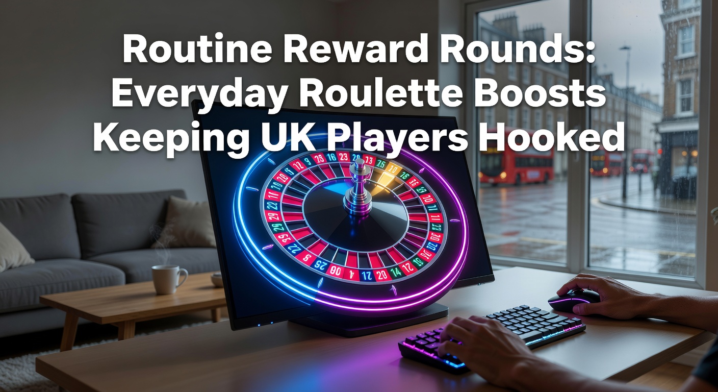 Vibrant roulette wheel spinning under spotlights with reward icons overlayed, symbolizing daily boosts for UK players