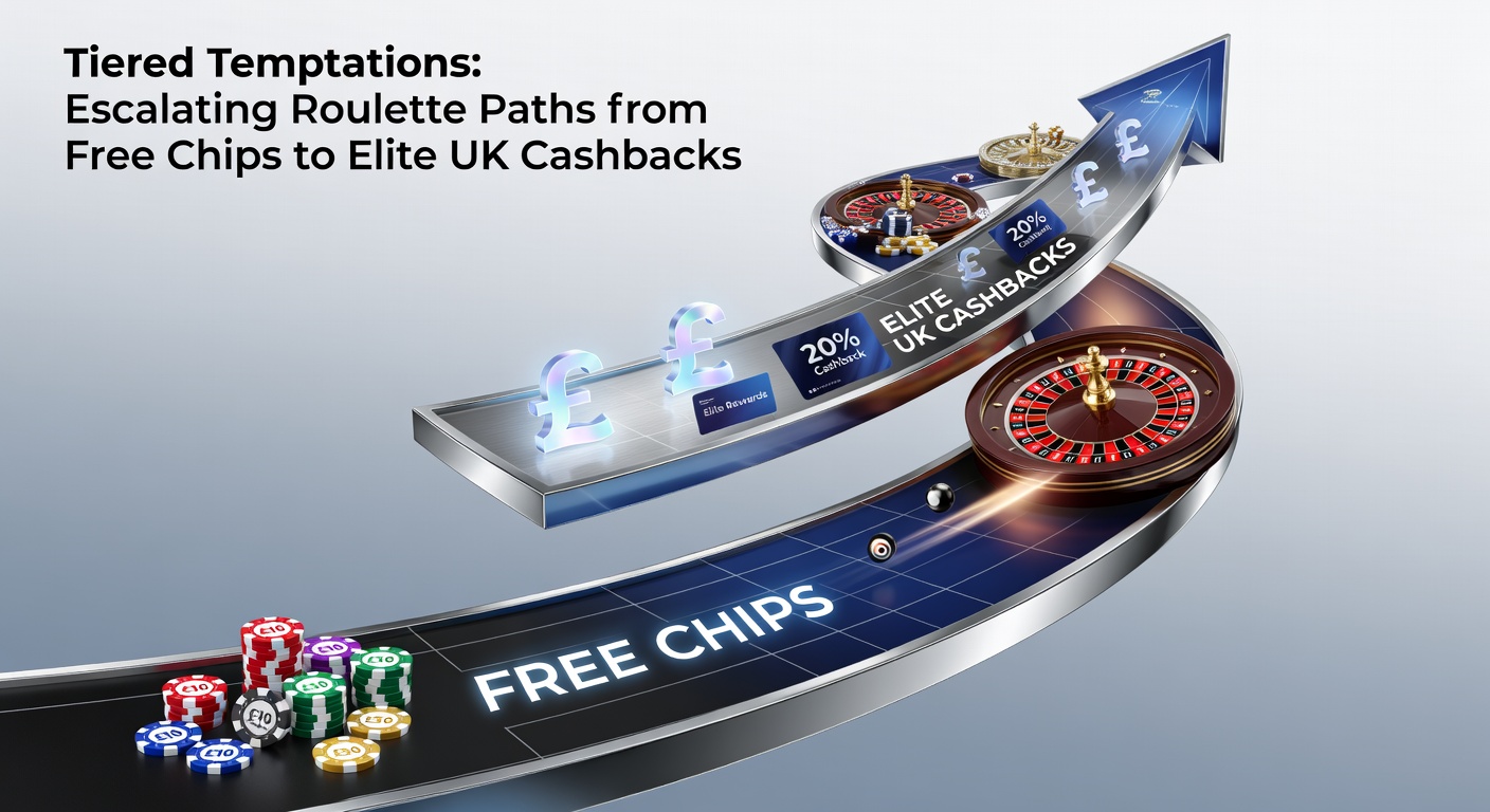 Visual ladder depicting tiered roulette promotions, starting with free chips at the base and ascending to elite cashback rewards at the top