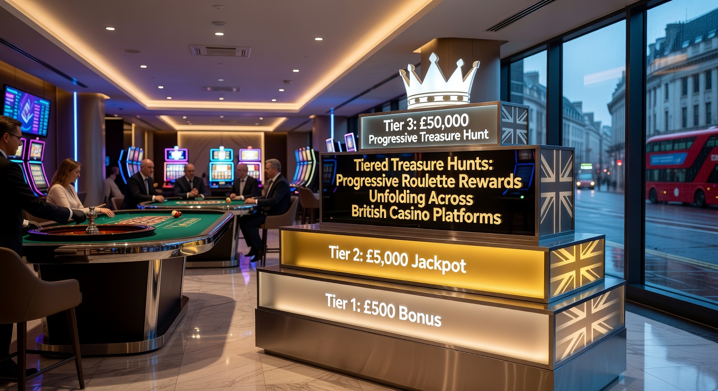 Close-up of a roulette wheel integrated with tiered progress bars and treasure chest icons, representing escalating rewards in UK casino quests