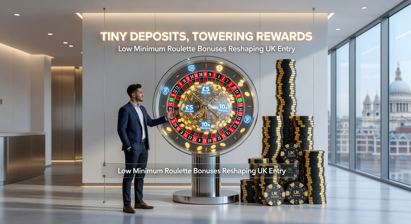 A vibrant roulette wheel spinning with small coin stacks nearby, symbolizing low-entry bonuses in UK online casinos
