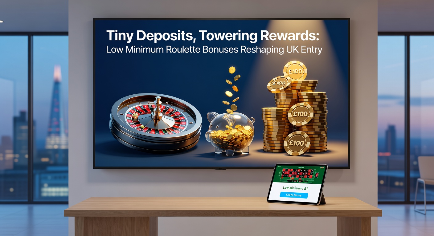 Close-up of a mobile screen showing a £5 deposit unlocking a roulette bonus offer, with chips stacking up on a digital table
